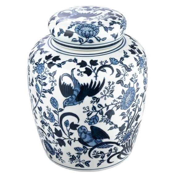 Creative Co-Op Decorative Bird Ceramic Ginger Jar with Lid, Blue and White