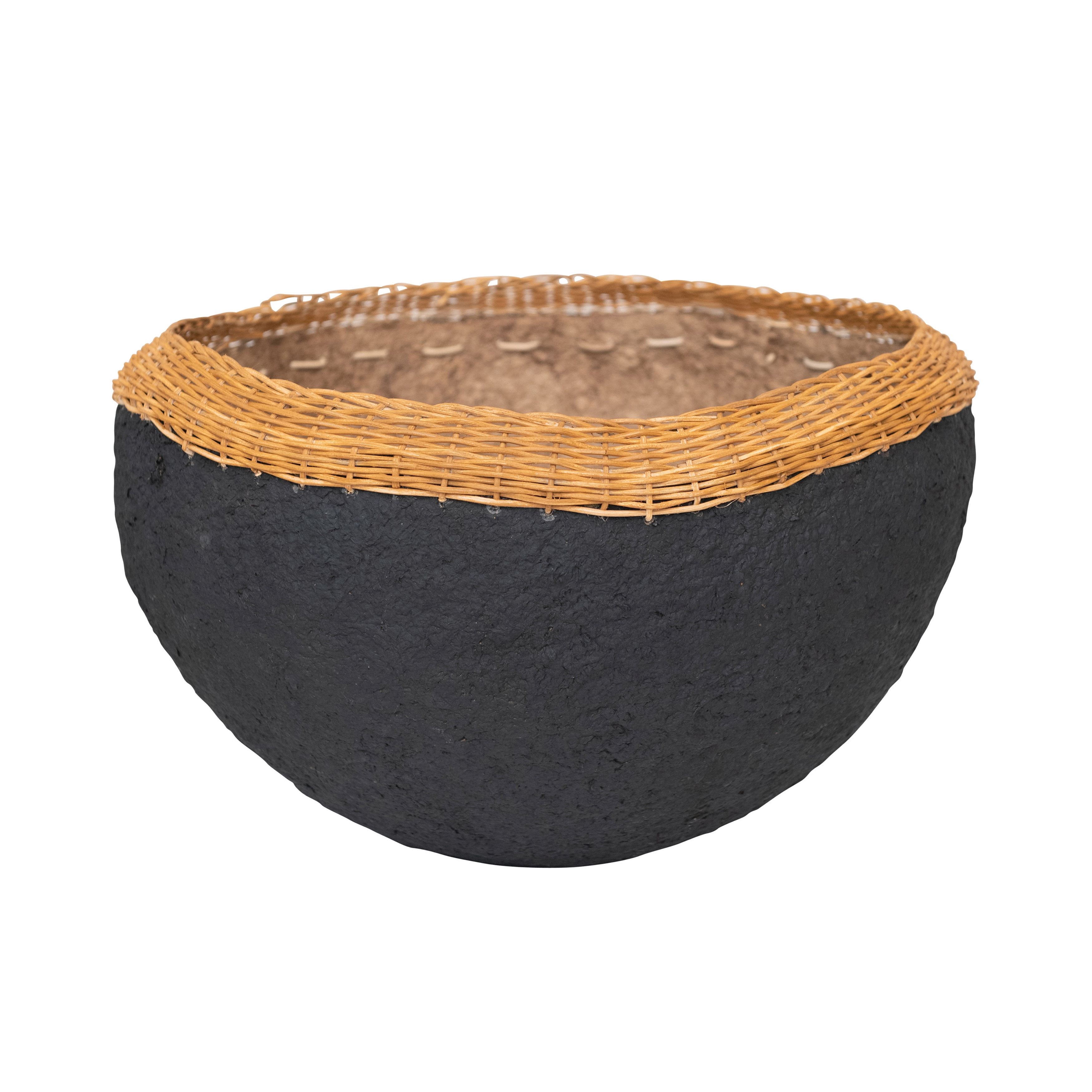 Black and Natural Handmade Paper Mache Bowl with Wicker Rim