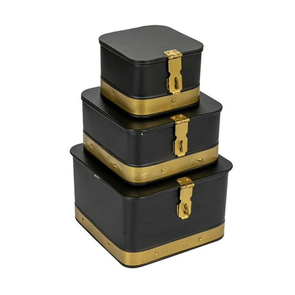 Creative Co-Op Decorative Metal Boxes with Lid, Black with Gold Band, Set of 3