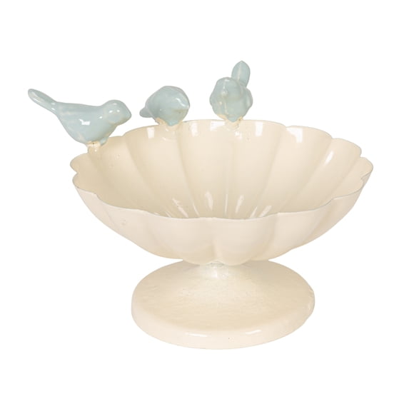 Creative Co-Op Decorative Metal Scalloped Bowl with 3D Birds on Rim, Antique White and Blue