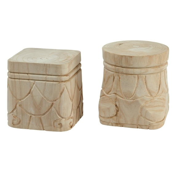 Creative Co-Op Decorative Paulownia Wood Pedestals with Carved Design, Set of 2 Styles, Natural
