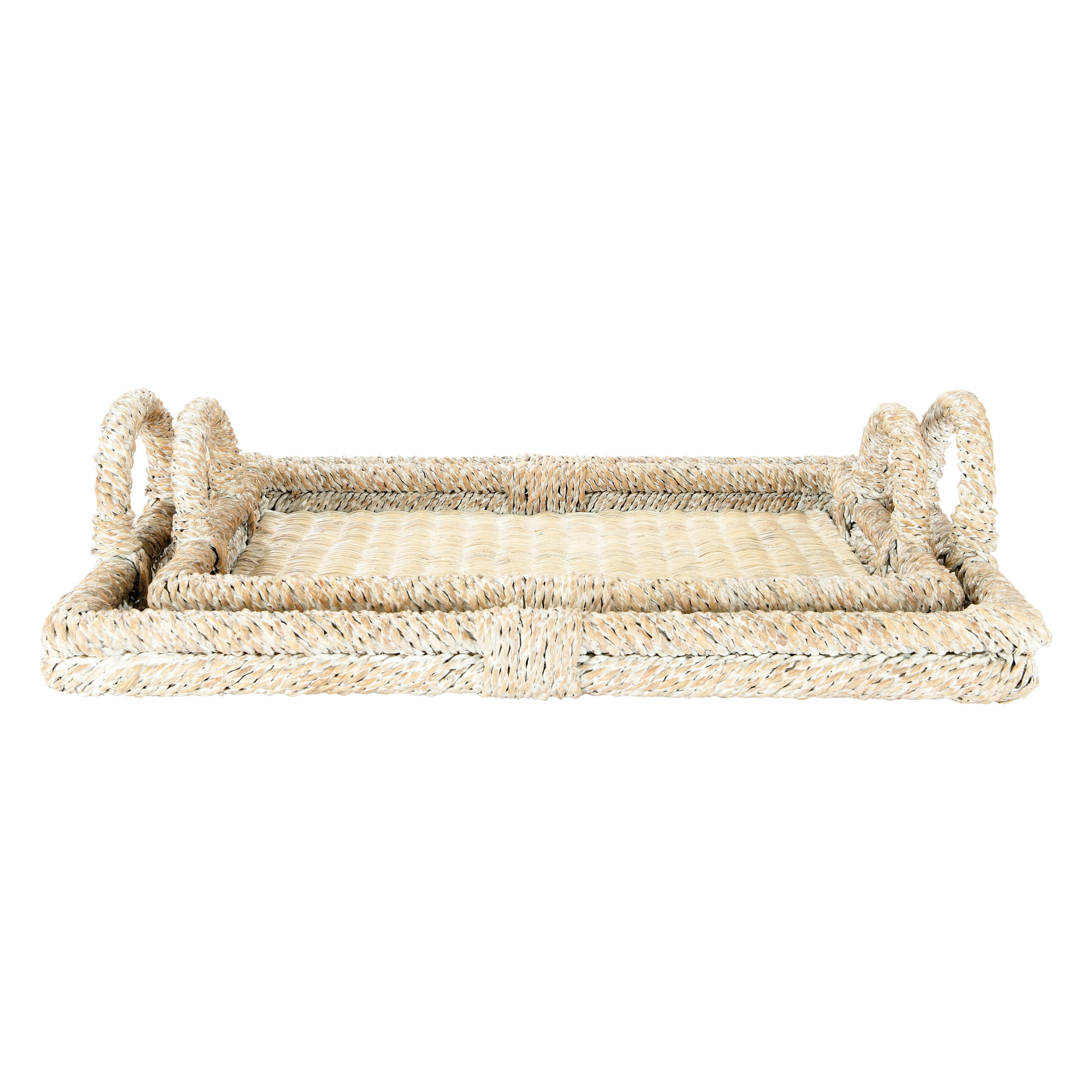 Whitewashed Rattan Decorative Trays with Handles, Set of 2