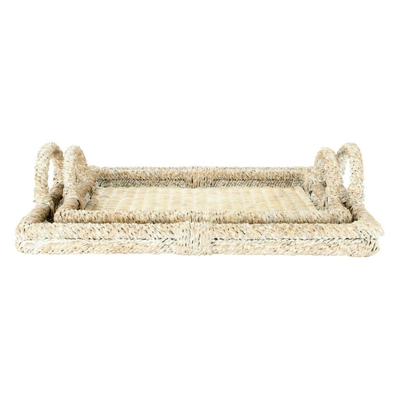 Creative Co-Op Decorative Rattan Trays with Handles & Whitewashed Finish (Set of 2 Sizes)