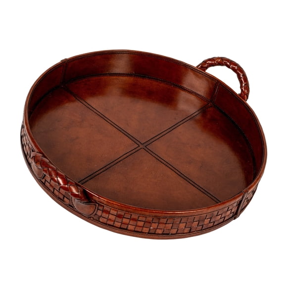 Creative Co-Op Decorative Reclaimed Wood and Woven Leather Tray with Handles, Cognac Color