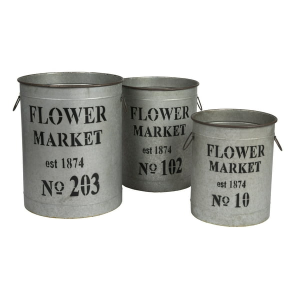 Creative Co-Op Decorative Round Metal Buckets with Handles and "Flower Market" Text, Distressed Silver, Set of 3 Sizes
