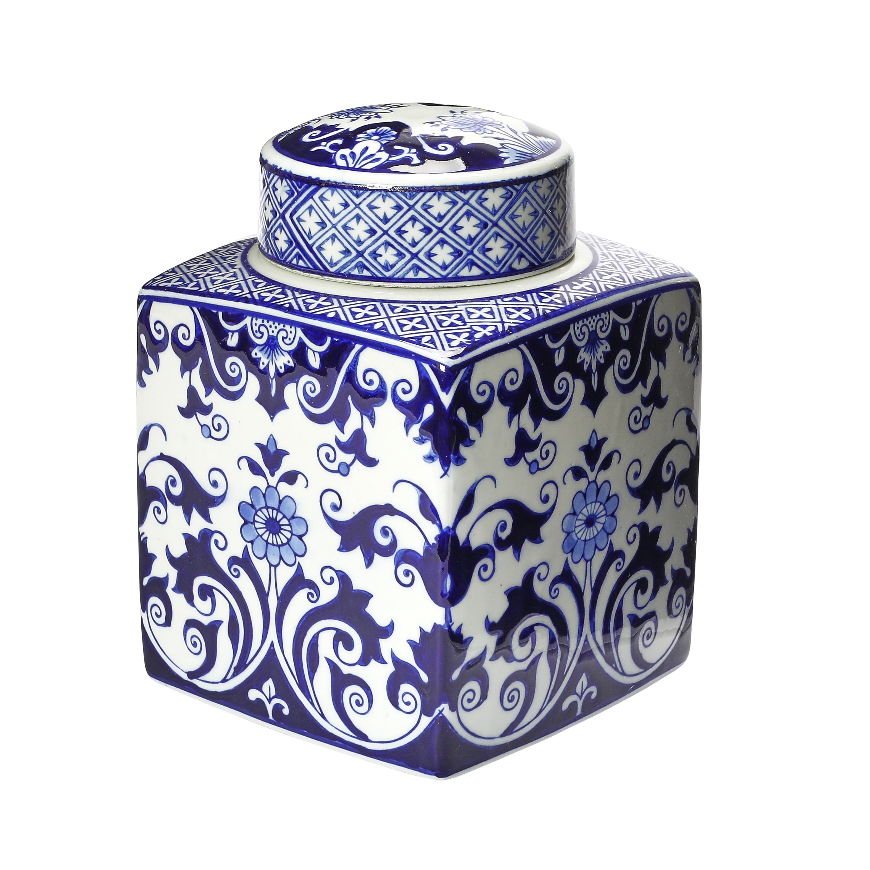 Blue and White Floral Ceramic Ginger Jar with Lid
