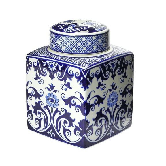Creative Co-Op Decorative Square Ceramic Ginger Jar with Lid for Small Spaces, Blue and White