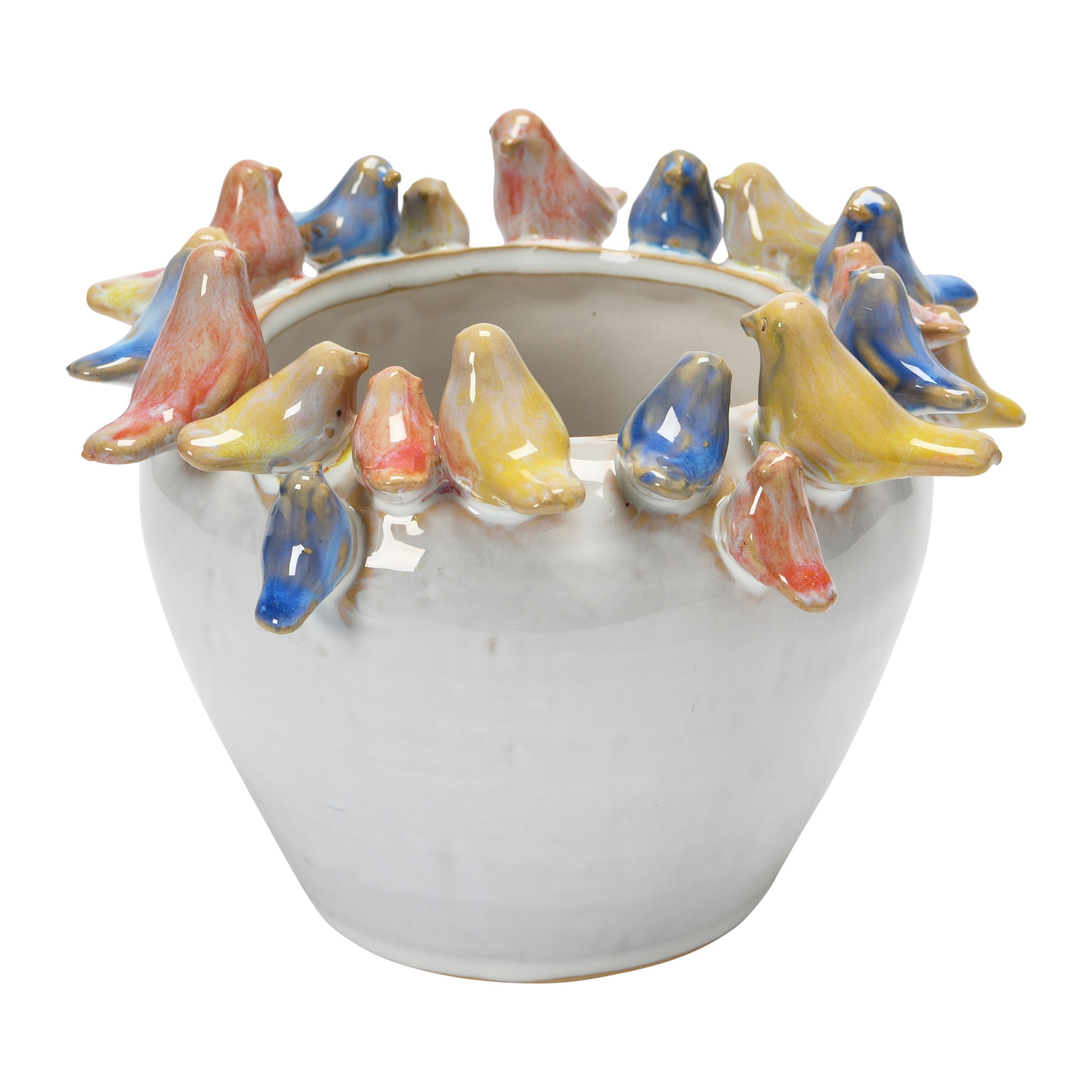 Multicolor Stoneware Planter with Birds on Rim