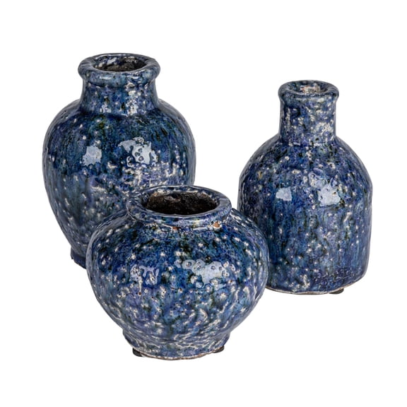 Creative Co-Op Decorative Terra-cotta Vases with Crackle Glaze, Navy, Set of 3