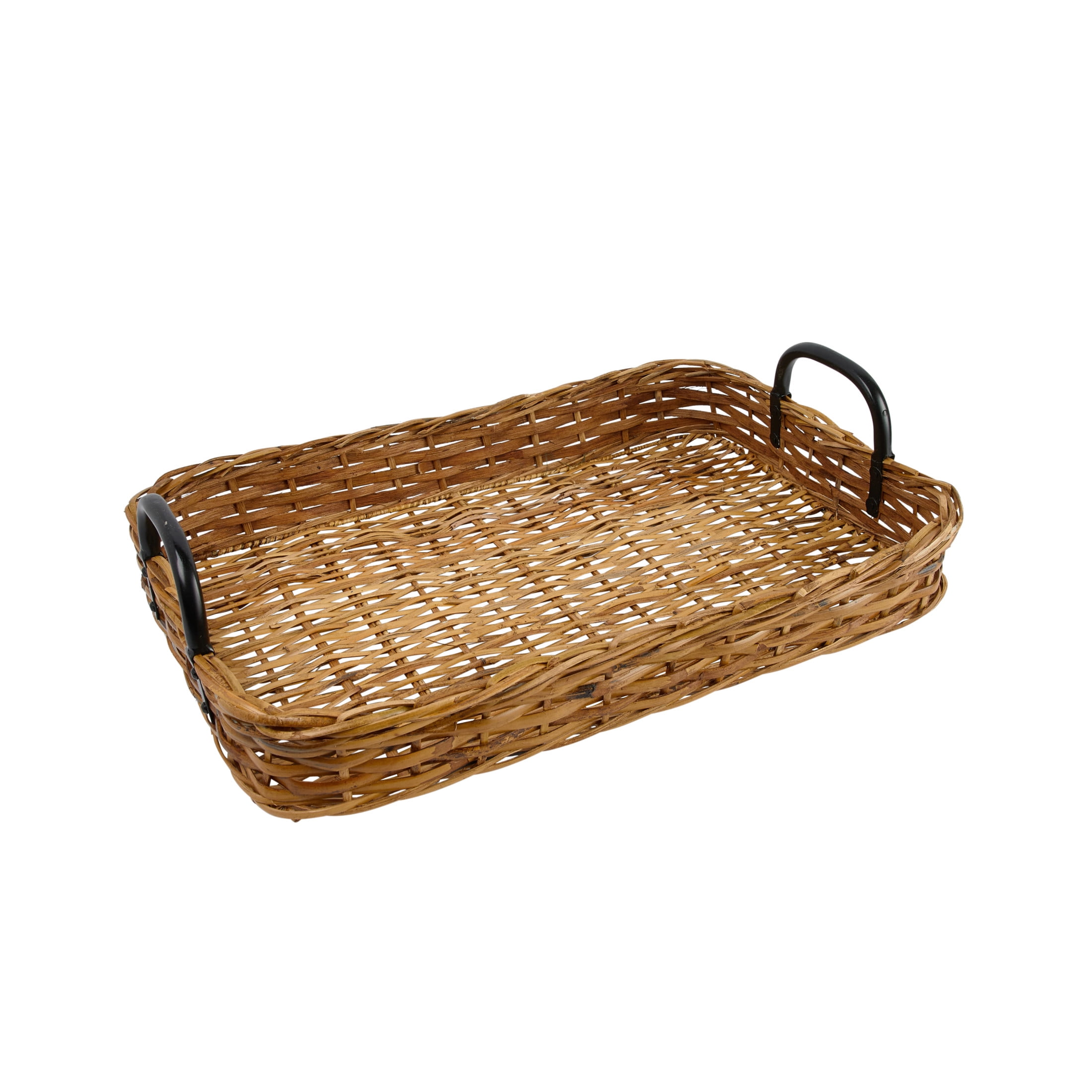Natural Woven Rattan Tray with Black Metal Handles