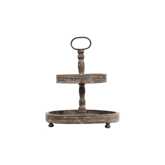 Creative Co-Op Distressed Brown Wood 2-Tier Tray with Metal Handle