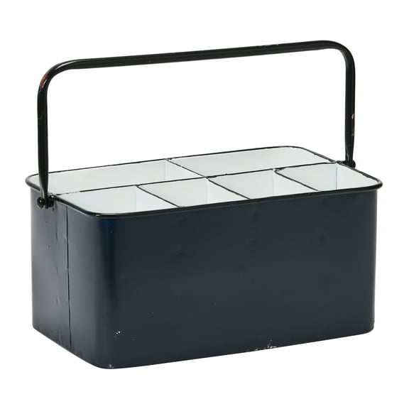 Creative Co-Op Distressed Metal Storage Caddy with 6 Compartments and Handle, Blue and White