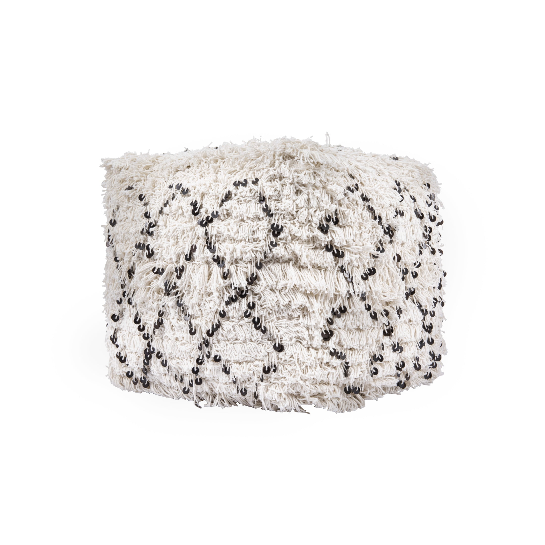 Creative Co-Op Elegant Moroccan Wedding Quilt Pouf with Sparkling Sequins, White