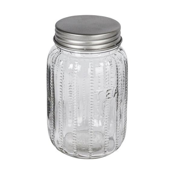 Creative Co-Op Embossed Glass Jar with Metal Lid "Tea", Clear