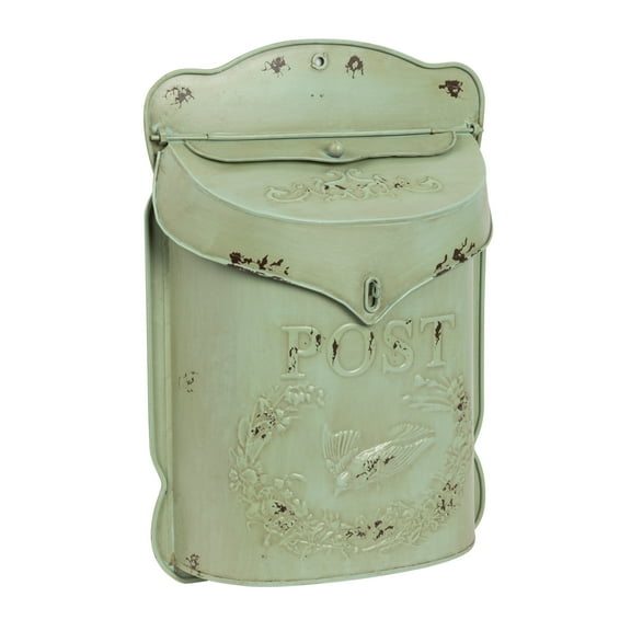 Creative Co-Op Embossed Metal Post Box with Distressed Finish, Aqua Green