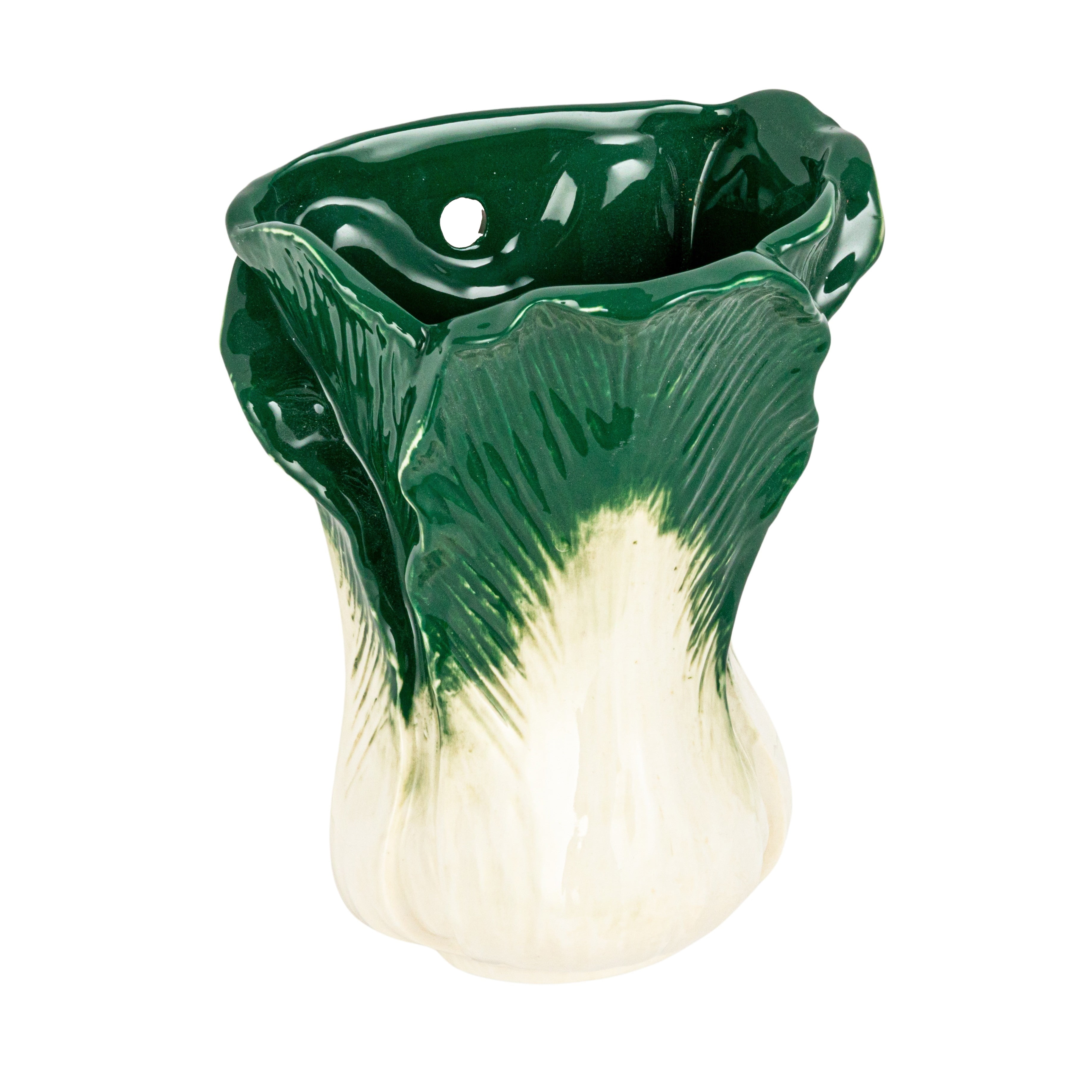 Green and White Stoneware Cabbage Shaped Wall Vase Planter