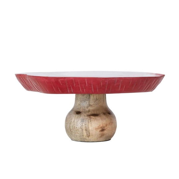 Creative Co-Op Enameled Mango Wood Mushroom-Shaped Serveware Pedestal, Red, White and Natural