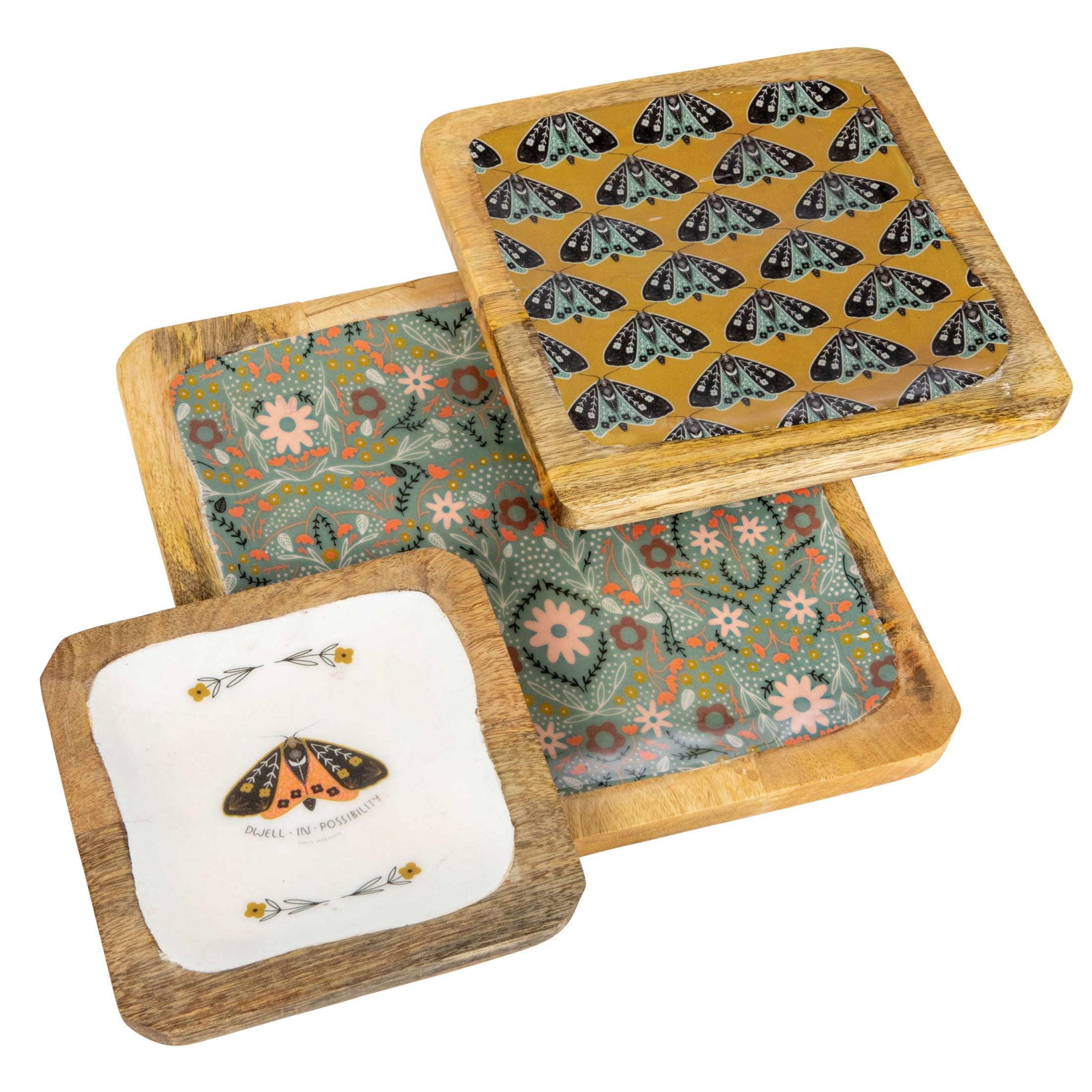 Multicolor Enameled Wood Trays with Moths and Florals, Set of 3