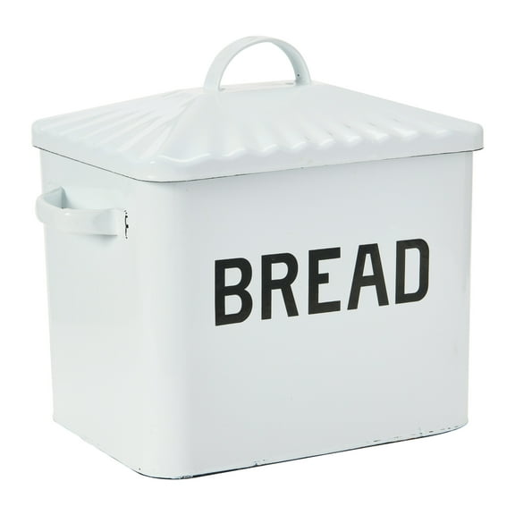 Creative Co-Op Farmhouse Enameled Metal Bread Box with "Bread" Message, White and Black