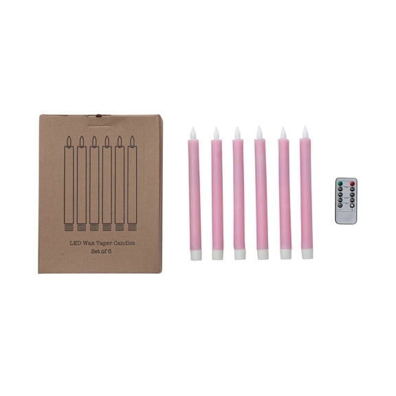 Creative Co-Op Flameless LED Wax Taper Candles with 8 Hour Timer and Remote, Pink, Set of 6