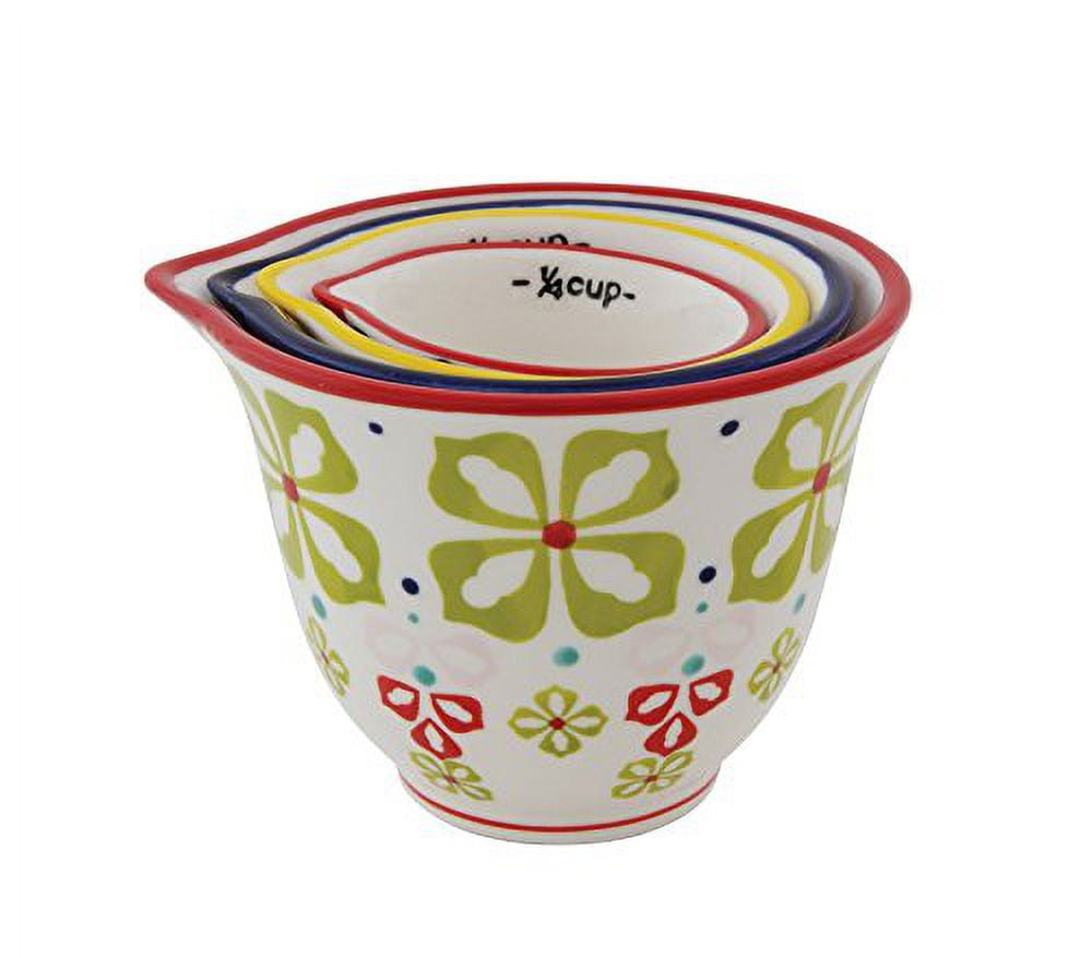 Floral Hand Stamped Multicolor Stoneware Measuring Cups Set