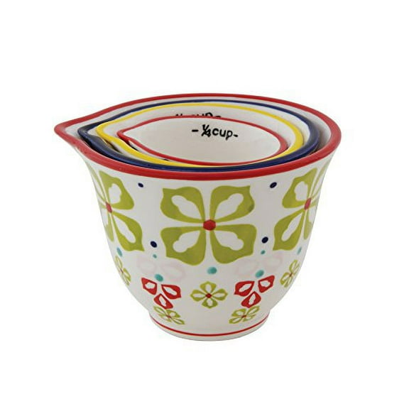 Creative Co-Op Floral Hand Stamped Stoneware Measuring Cups (Set of 4) 1/4 Cup - 1 1/2 Cup