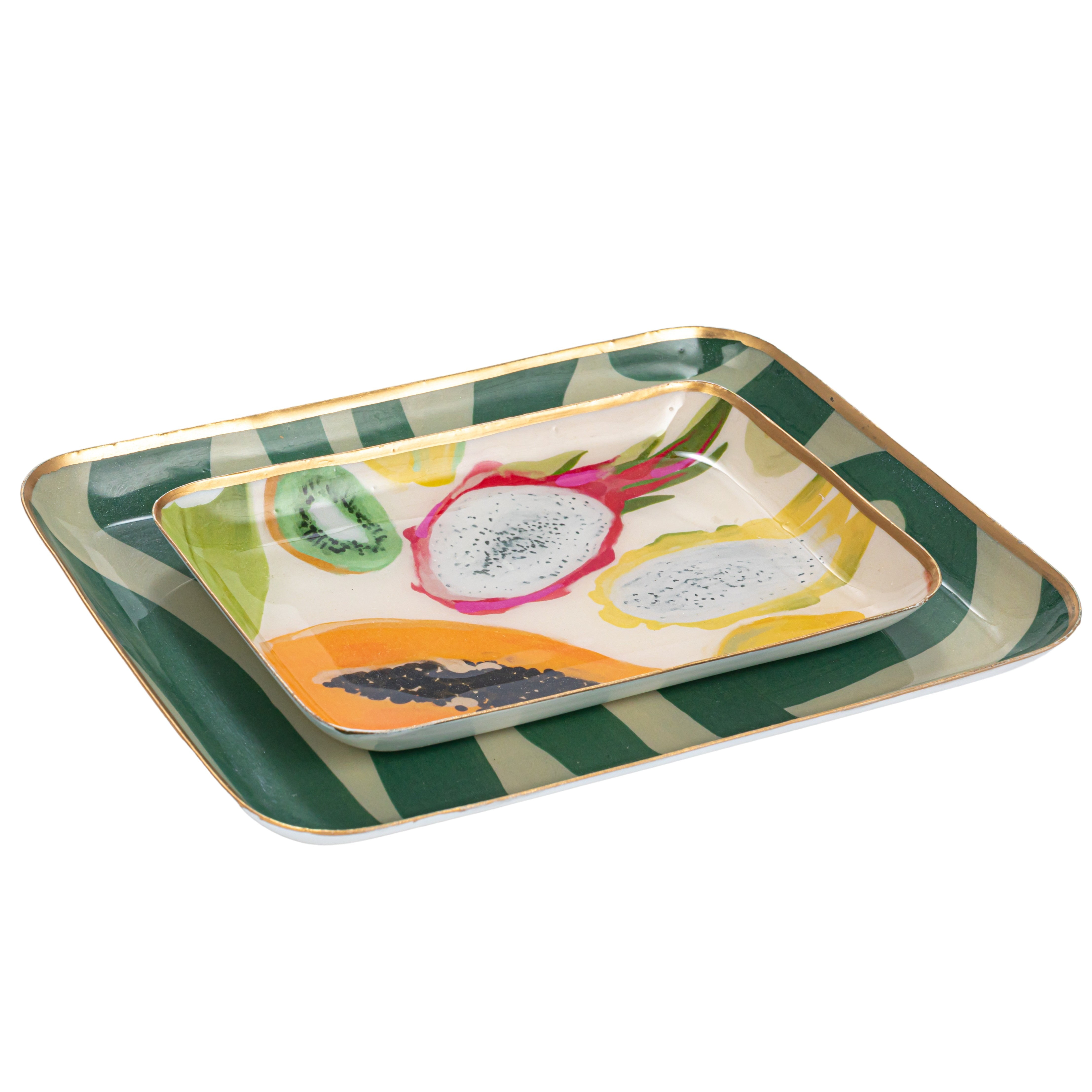 Set of 2 Green and Gold Enameled Metal Trays with Fruit Design