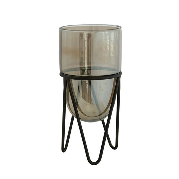 Creative Co-Op Glass Pillar Candle Holder with Metal Stand, Brown and Black