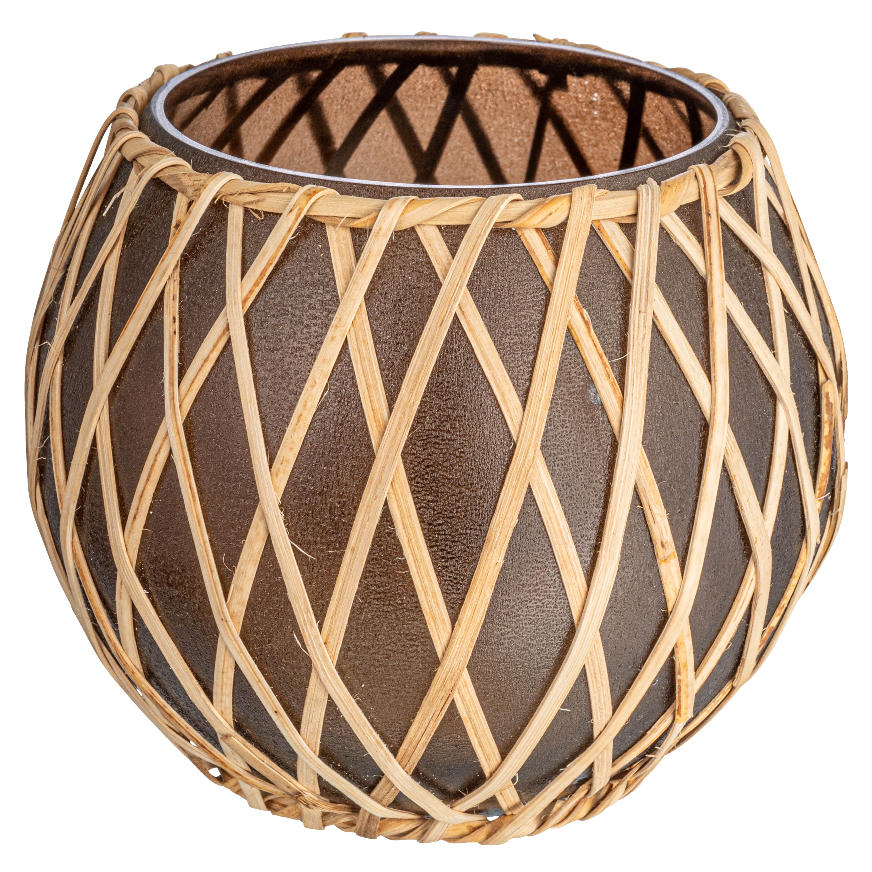 Brown Glass Votive Holder with Woven Rattan Sleeve