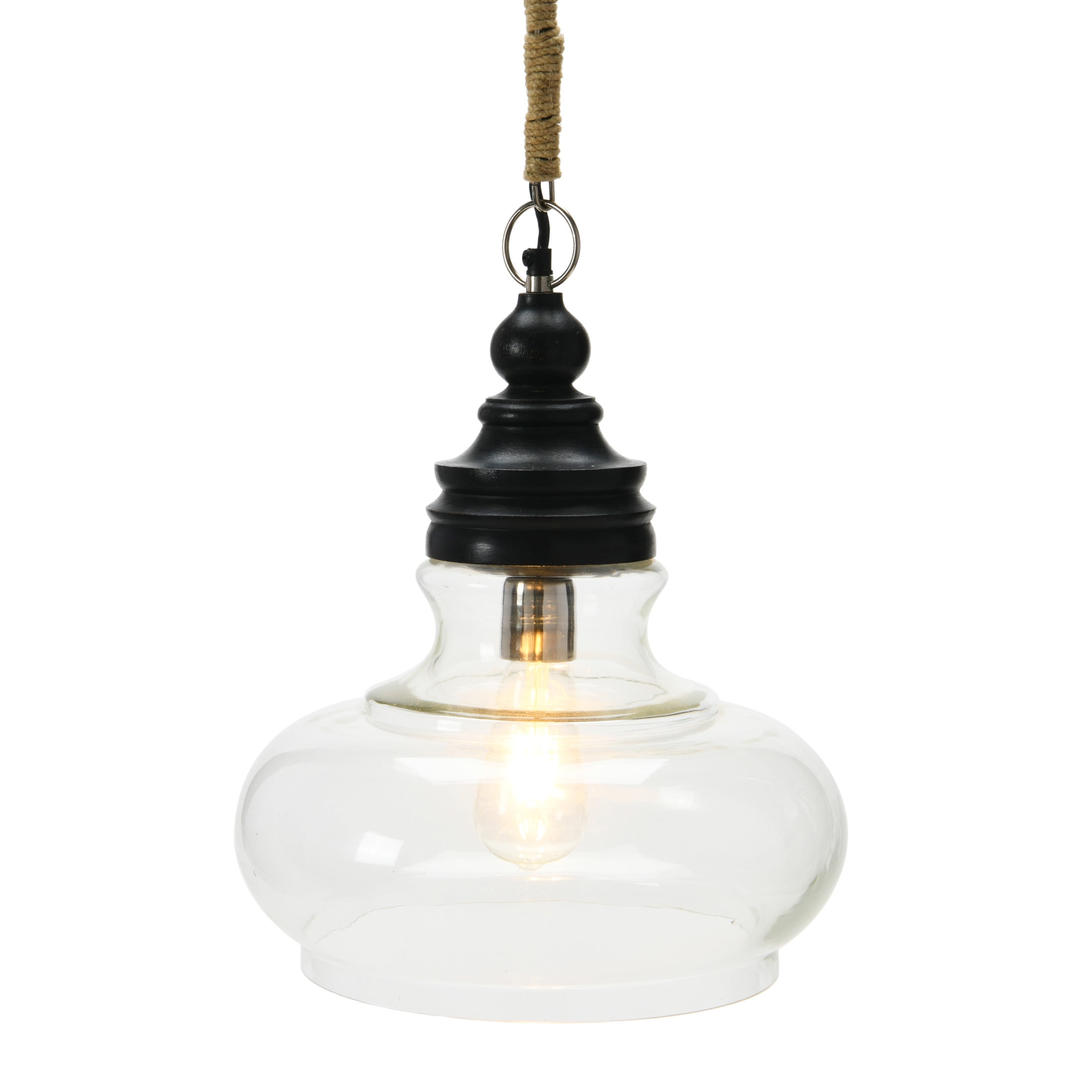 Farmhouse Chic Black Glass & Mango Wood Globe Pendant Light