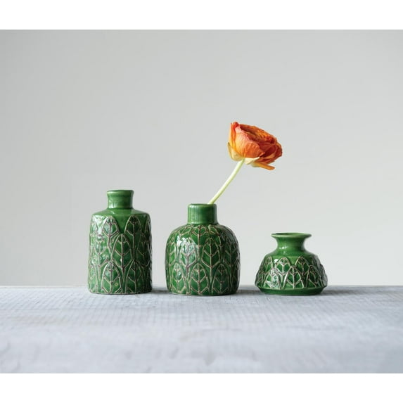 Creative Co-Op Green Embossed Stoneware Vases (Set of 3 Sizes)