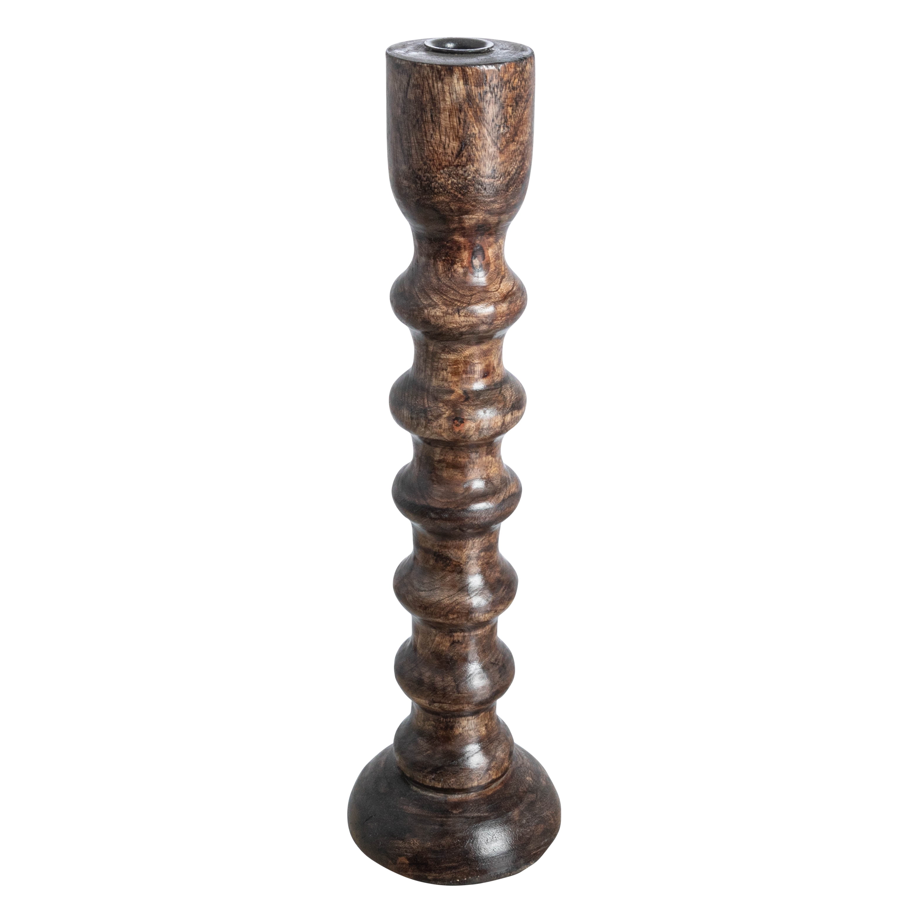 Hand-Carved Walnut Finish Mango Wood Taper Candle Holder, 17"