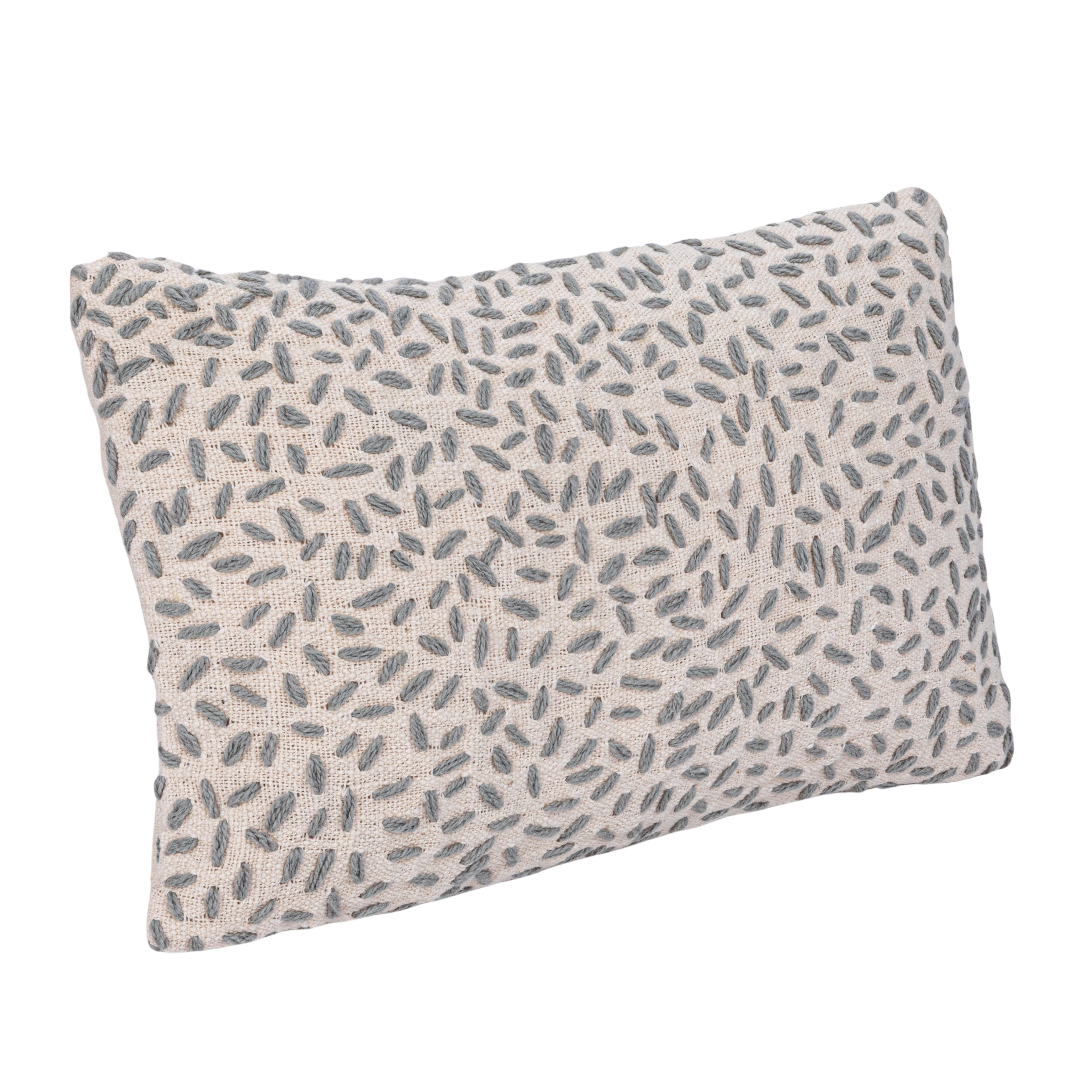 Natural and Green Hand-Embroidered Cotton Kantha Lumbar Pillow