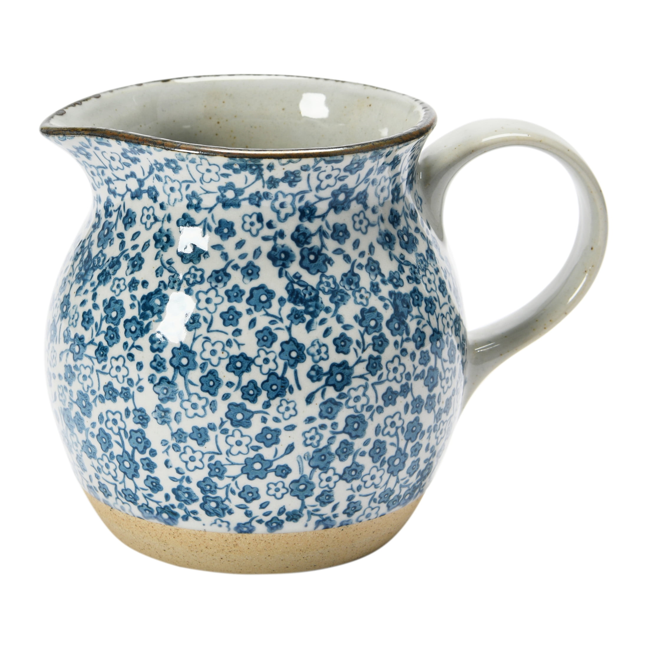 Blue and White Hand-Painted Stoneware Floral Pitcher, 6.25"