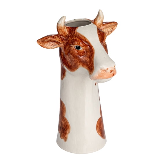 Creative Co-Op Hand-Painted Decorative Stoneware Cow Vase, Brown and White