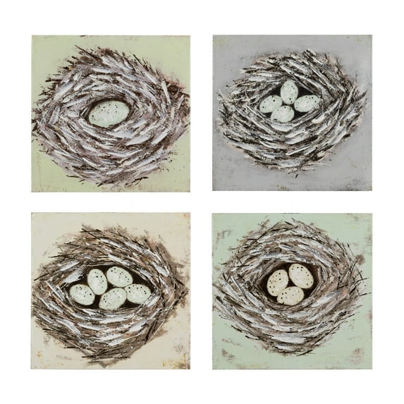Creative Co-Op Hand Painted Egg & Nest Wrapped Canvas Wall Decor (Set of 4 Designs)