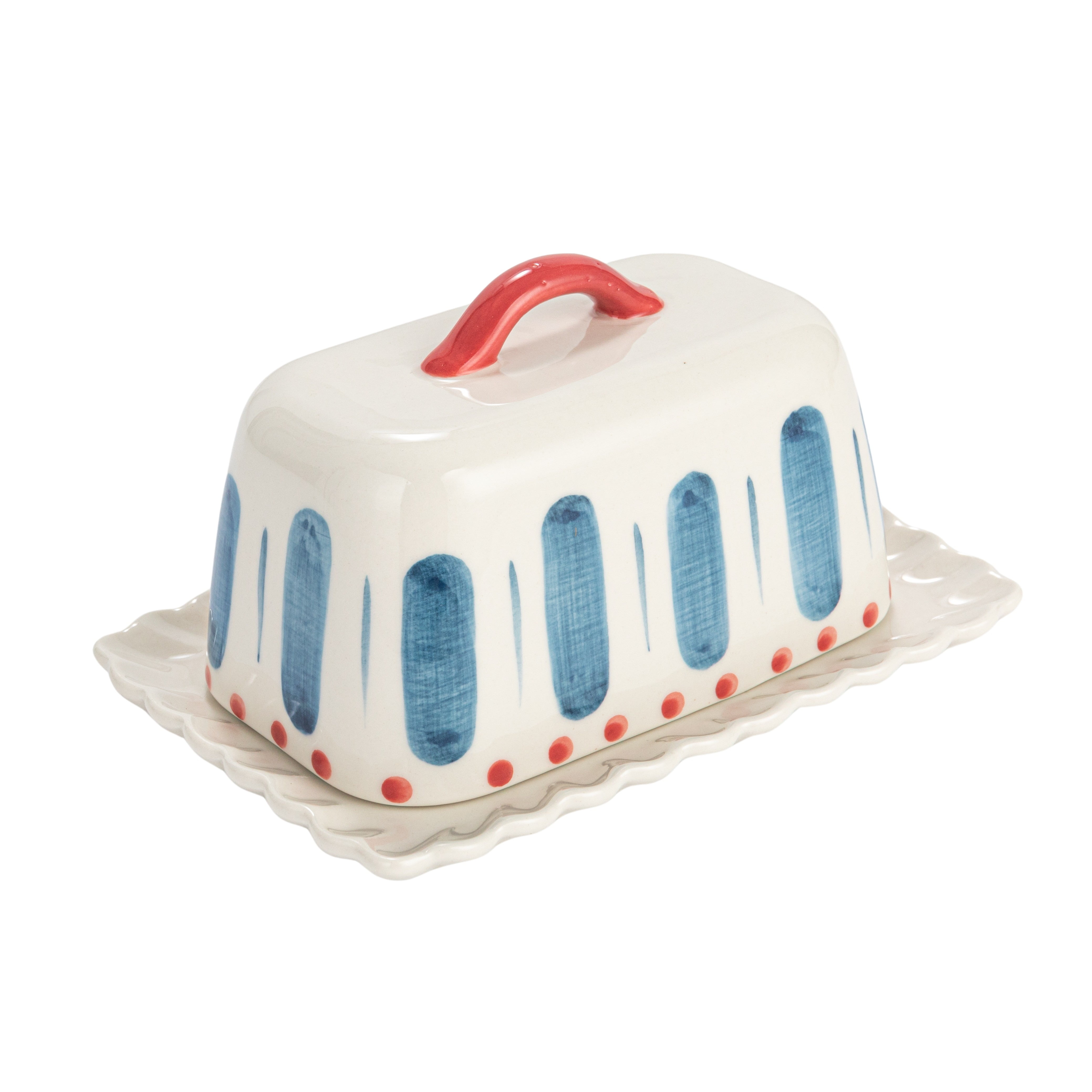 Hand-Painted Stoneware Butter Dish with Scalloped Edge