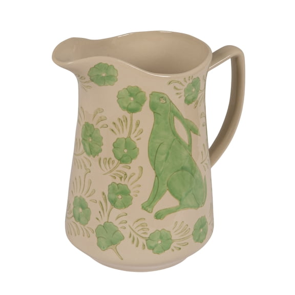 Creative Co-Op Hand-Painted Stoneware Pitcher with Rabbit and Floral Motif, Green