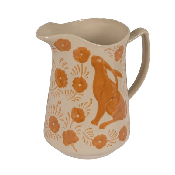 Creative Co-Op Hand-Painted Stoneware Pitcher with Rabbit and Floral Motif, Terracotta