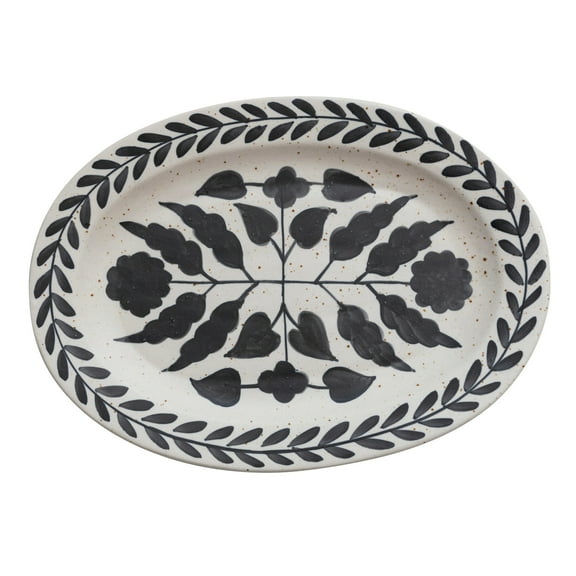 Creative Co-Op Hand Painted Stoneware Platter with Floral Design, Black and White