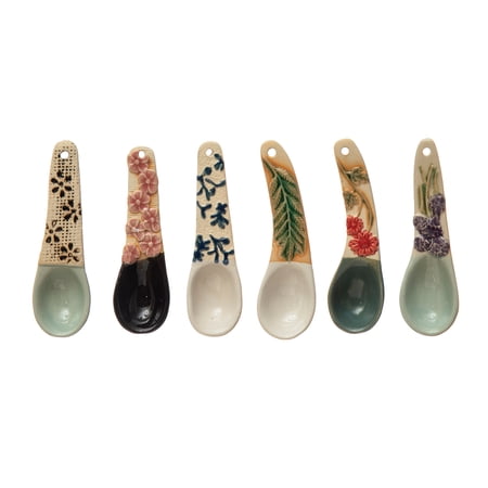 Creative Co-Op Hand-Painted Stoneware Spoon with Floral Design Handle, 6 Styles (Each One Will Vary)