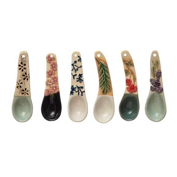 Creative Co-Op Hand-Painted Stoneware Spoon with Floral Design Handle, 6 Styles (Each One Will Vary)