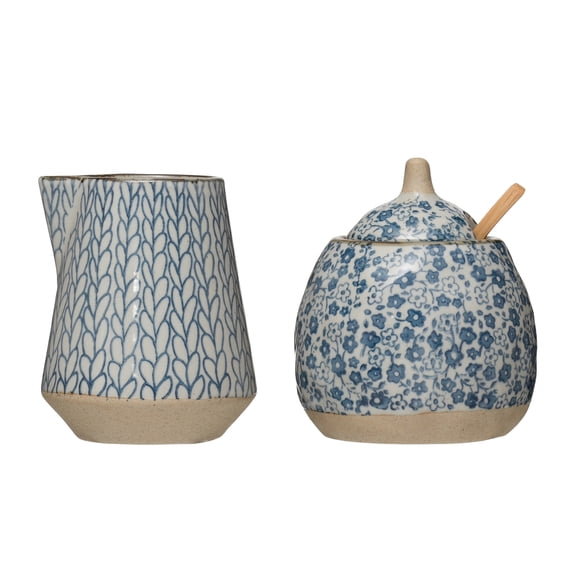 Creative Co-Op Hand-Painted Stoneware Sugar & Creamer (Set of 2 Pieces)