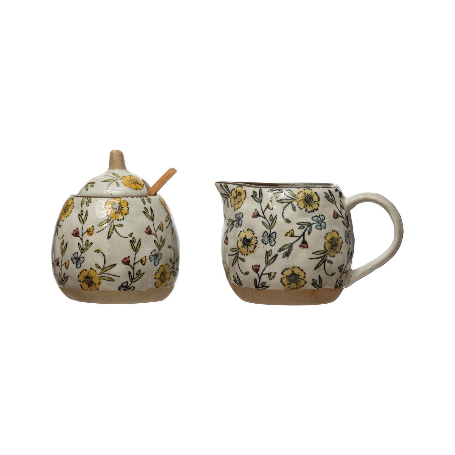 Hand-Painted Floral Stoneware Sugar and Creamer Set with Spoon