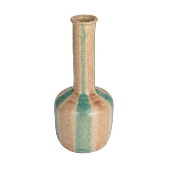 Creative Co-Op Hand-Painted Terra-cotta Vase with Tall Neck, Crackle Glaze, Cream, Blue and Maroon