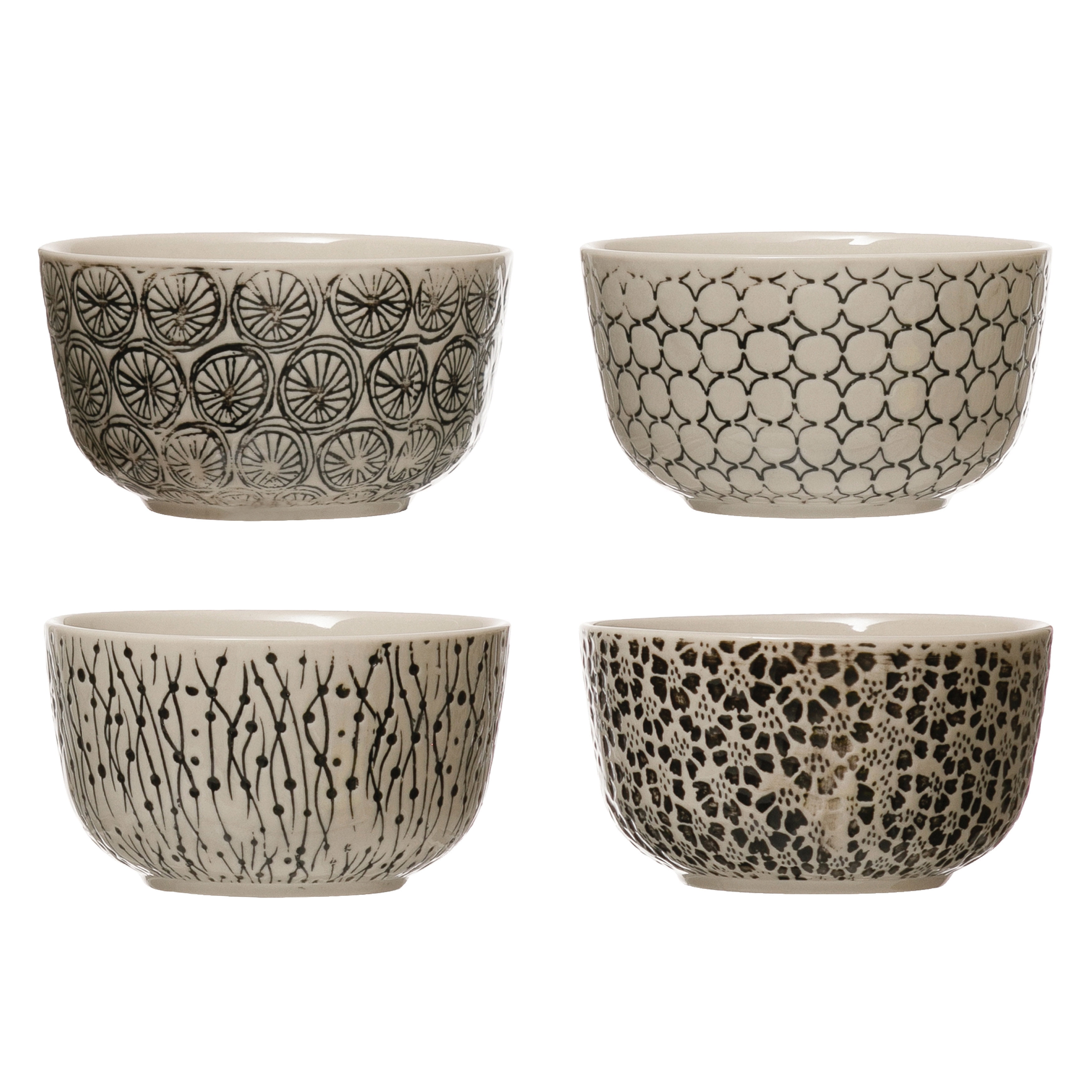 Hand-Stamped Ceramic Salad Bowls with Embossed Patterns, Black and Cream