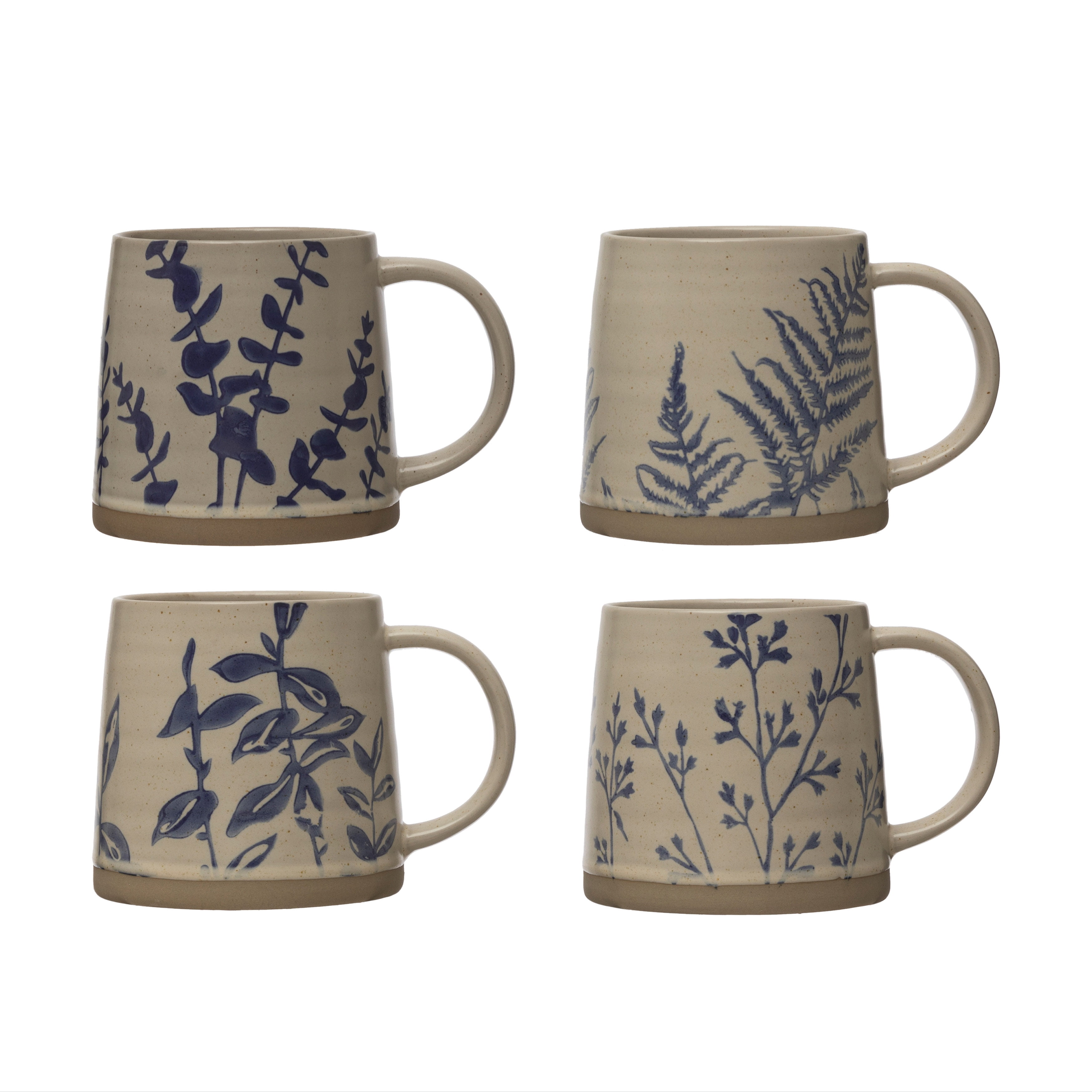 Hand Stamped Blue Botanical Ceramic Mugs Set of 4