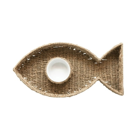 Creative Co-Op Hand-Woven Seagrass Fish Shaped Chip & Dip with 8oz. Ceramic Bowl