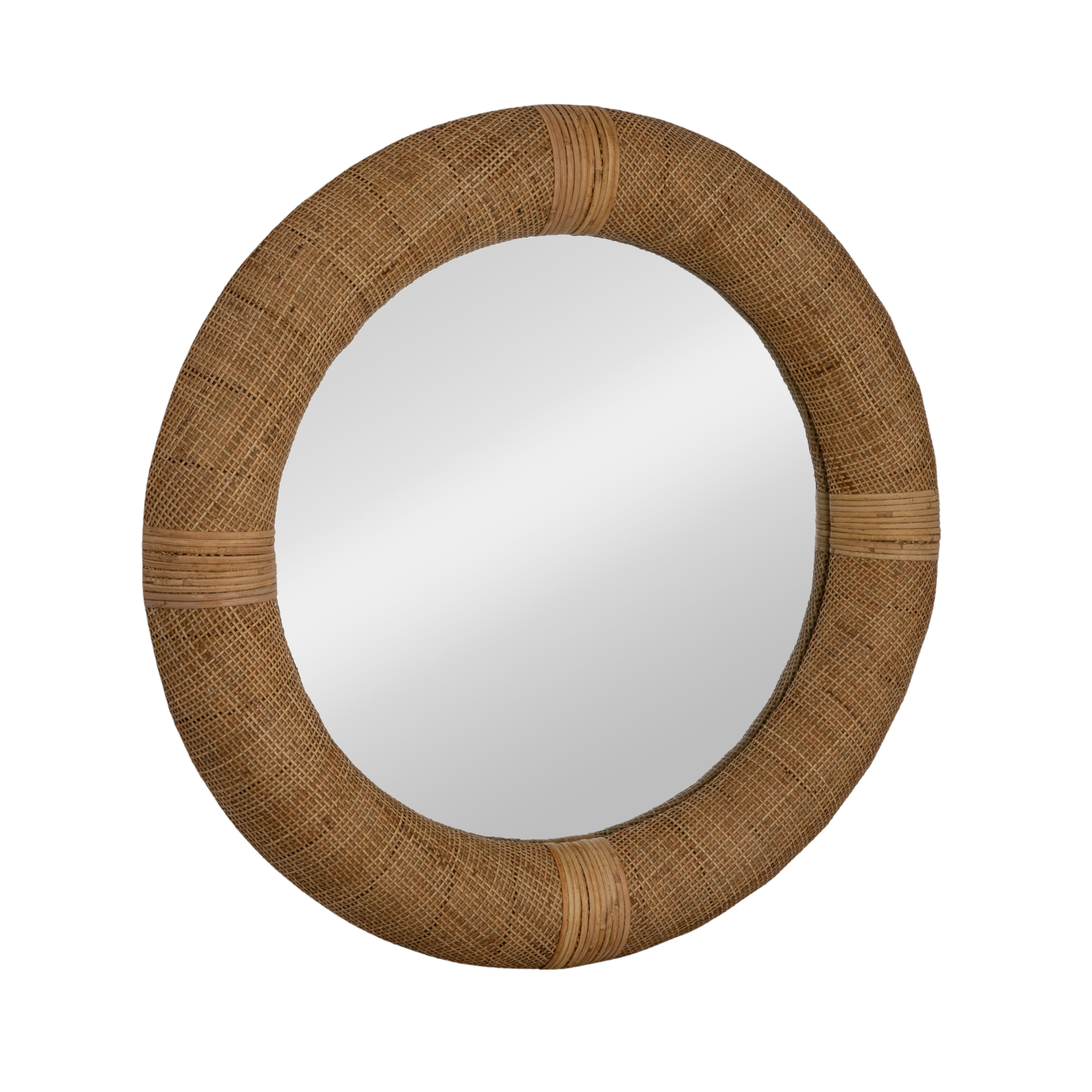 Natural Handwoven Rattan and Wood Round Wall Mirror