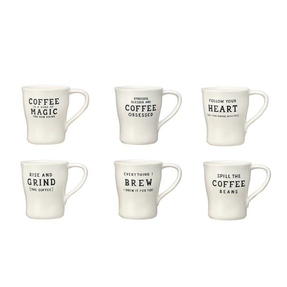 Creative Co-Op Inspirational Brew Stoneware Coffee Mug Set, White and Black, Set of 6